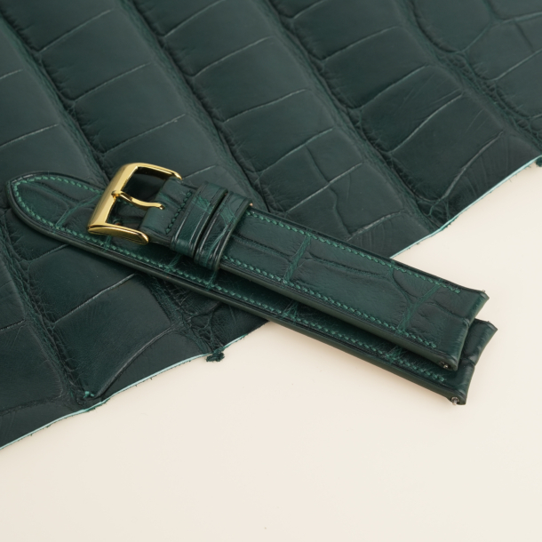 Micro Stitch Curved End Dark Green Alligator Leather Watch Strap
