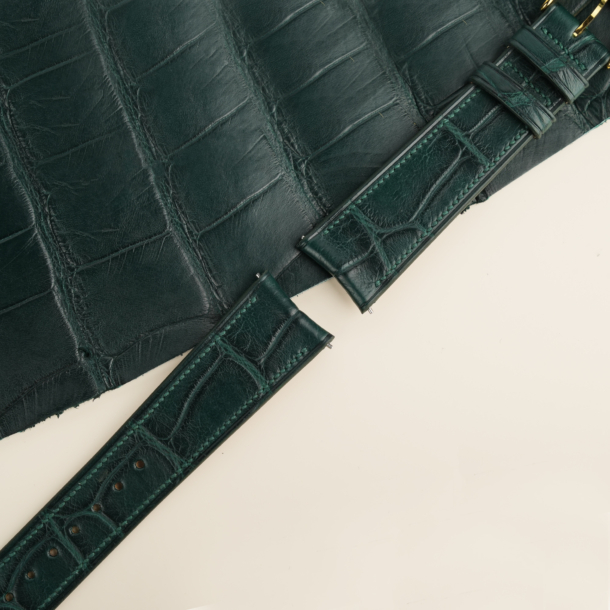 Micro Stitch Curved End Dark Green Alligator Leather Watch Strap
