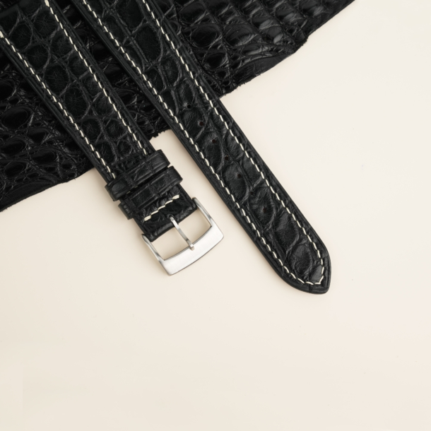 Curved End Black Alligator Round Scales Leather Watch Strap