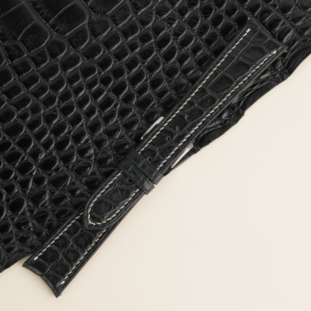 Curved End Black Alligator Round Scales Leather Watch Strap
