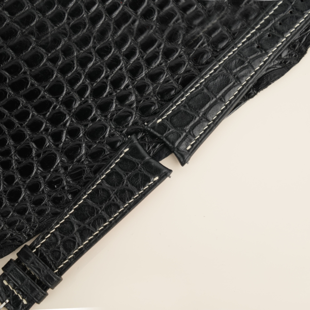 Curved End Black Alligator Round Scales Leather Watch Strap
