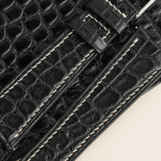 Curved End Black Alligator Round Scales Leather Watch Strap