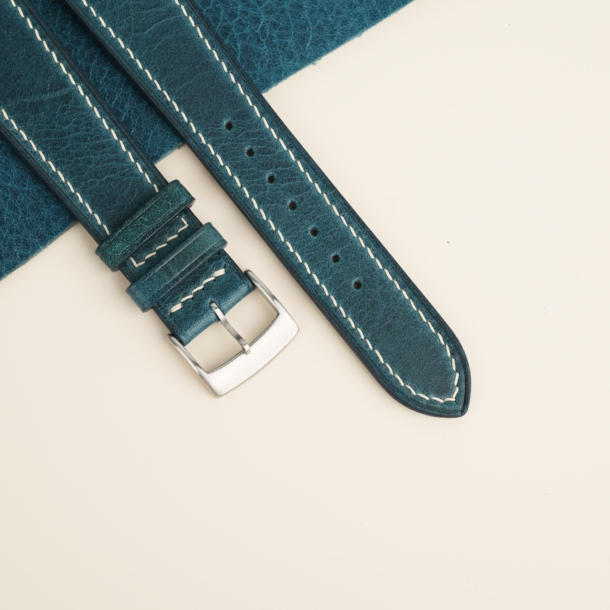 Curved End Dark Aqua Blue Waxed Leather Watch Strap