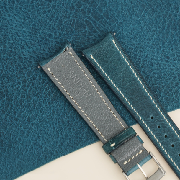 Curved End Dark Aqua Blue Waxed Leather Watch Strap