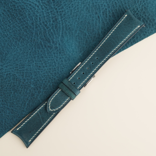 Curved End Dark Aqua Blue Waxed Leather Watch Strap