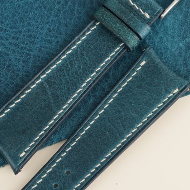 Curved End Dark Aqua Blue Waxed Leather Watch Strap