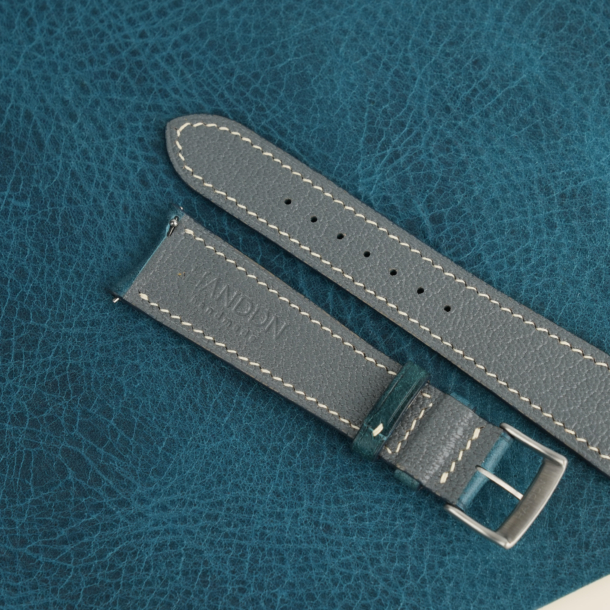 Curved End Dark Aqua Blue Waxed Leather Watch Strap