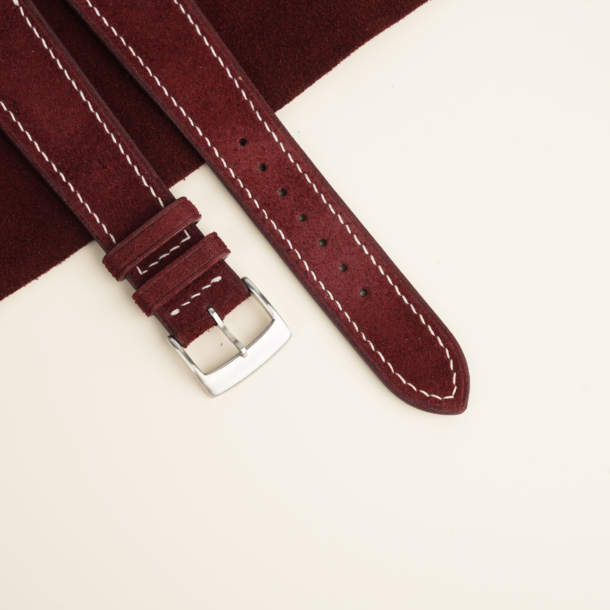 Curved End Burgundy Suede Leather Watch Strap