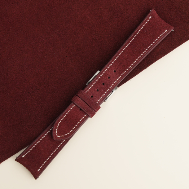 Curved End Burgundy Suede Leather Watch Strap