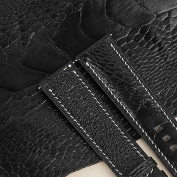 Black Ostrich Leg Lining Black Alran Sully Leather Watch Strap