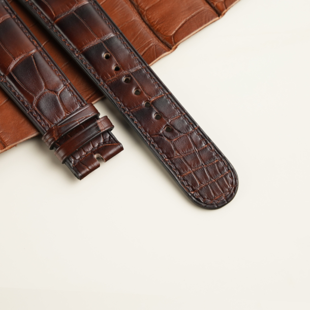 Curved End Patina Dark Acorn Alligator Leather Watch Strap