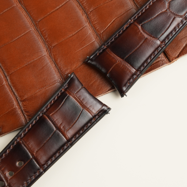 Curved End Patina Dark Acorn Alligator Leather Watch Strap