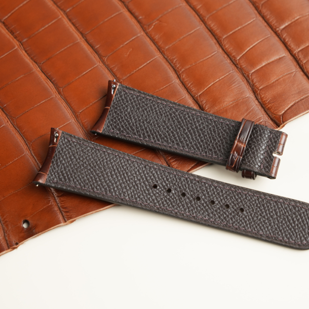 Curved End Patina Dark Acorn Alligator Leather Watch Strap