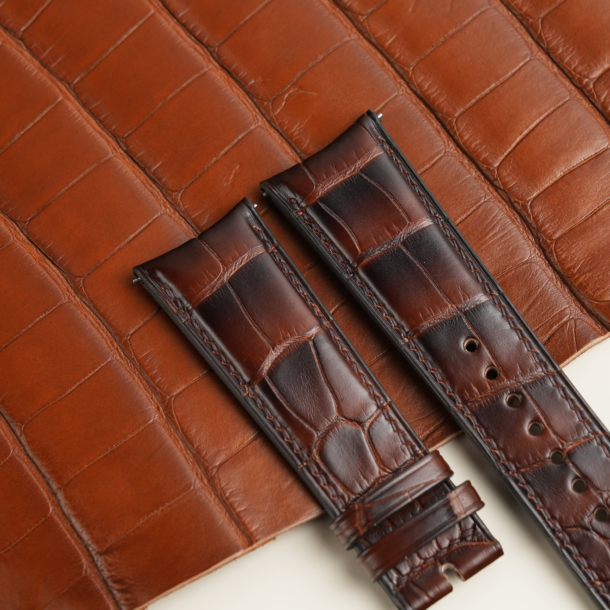 Curved End Patina Dark Acorn Alligator Leather Watch Strap