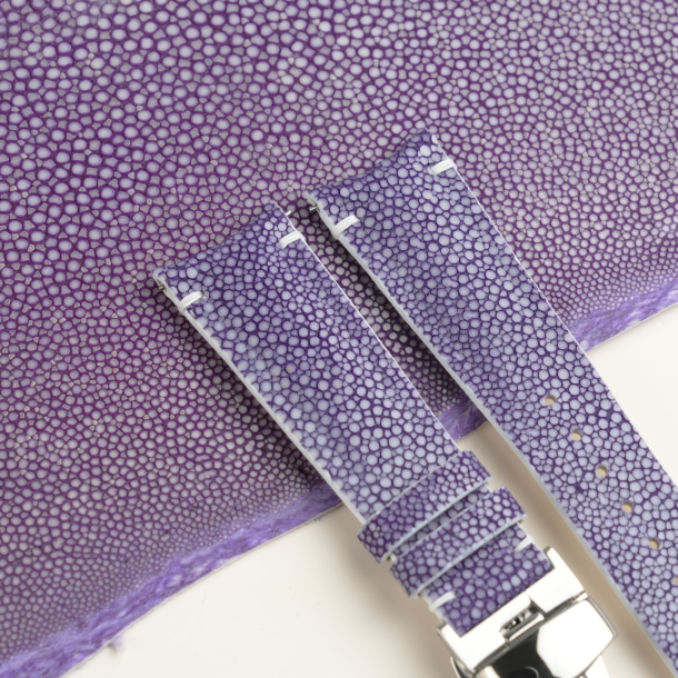 Curved End Light Violet Stingray Lining White Epsom Leather Watch Strap