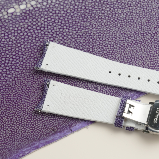 Curved End Light Violet Stingray Lining White Epsom Leather Watch Strap