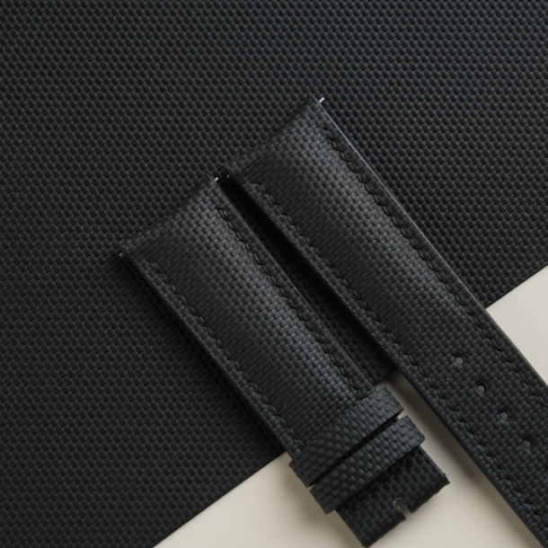 Curved End Black Sailcloth Rubber Lining Black Rubber Watch Strap
