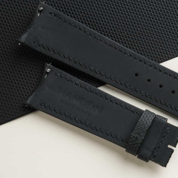Curved End Black Sailcloth Rubber Lining Black Rubber Watch Strap