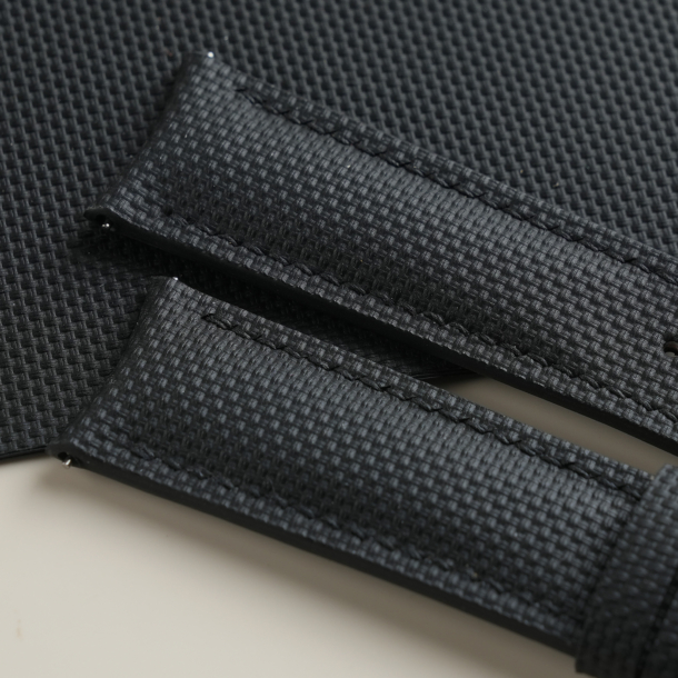 Curved End Black Sailcloth Rubber Lining Black Rubber Watch Strap
