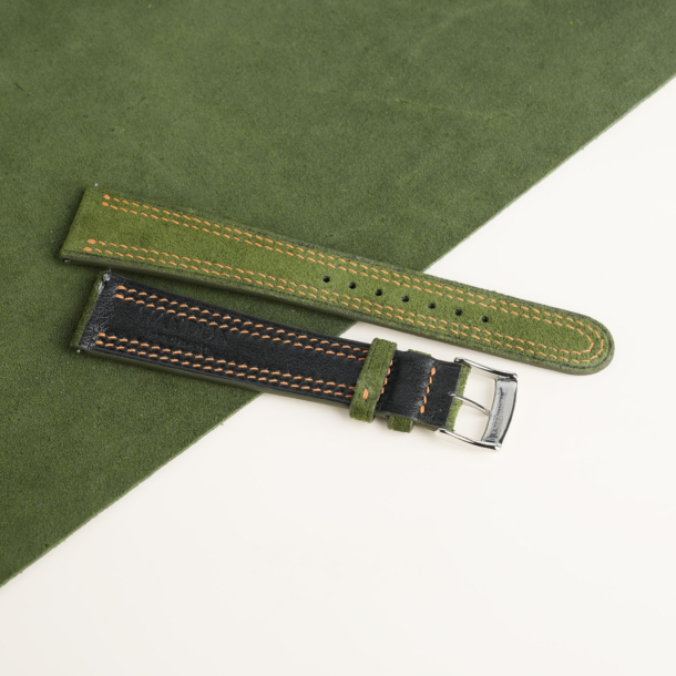 Double Stitching Green Suede Leather Watch Strap