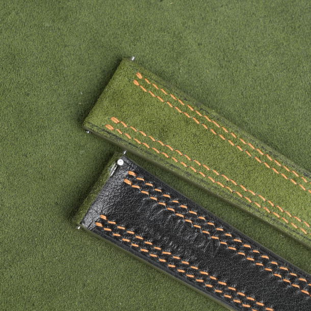 Double Stitching Green Suede Leather Watch Strap