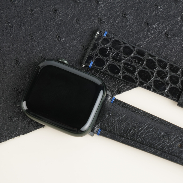 Black Ostrich Lining Black Alligator Leather Apple Watch Band