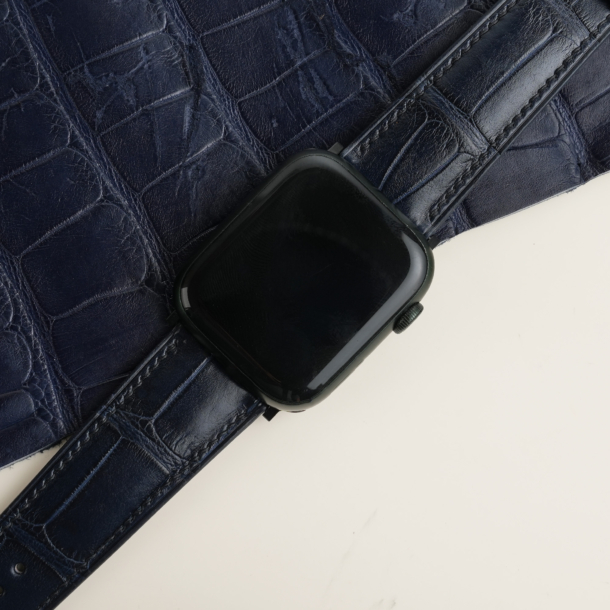 Midnight Blue Alligator Lining Black Epsom Leather Apple Watch Band