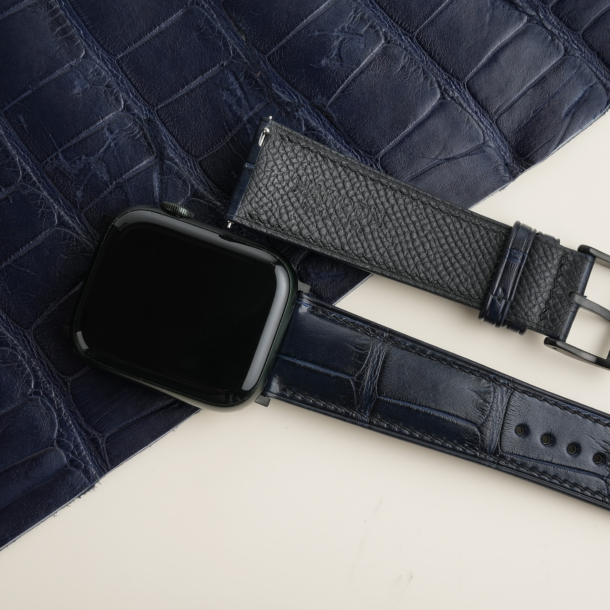 Midnight Blue Alligator Lining Black Epsom Leather Apple Watch Band