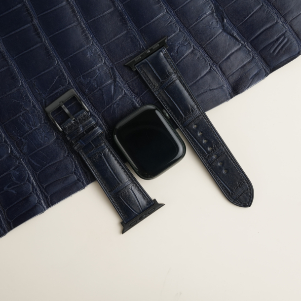 Midnight Blue Alligator Lining Black Epsom Leather Apple Watch Band
