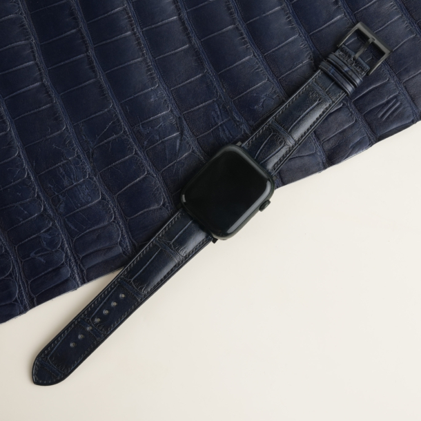 Midnight Blue Alligator Lining Black Epsom Leather Apple Watch Band