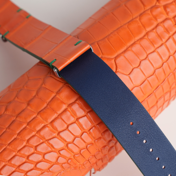 NATO Orange Alligator Lining Navy Swift Leather Watch Strap