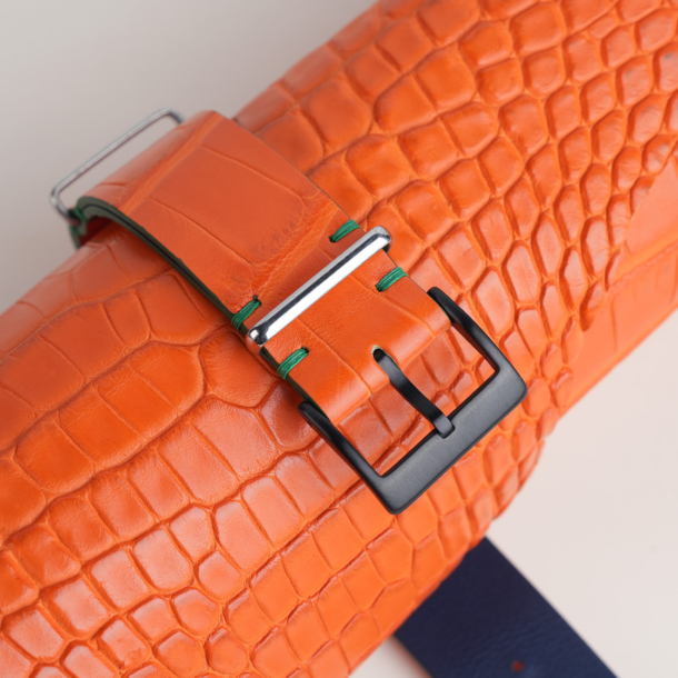 NATO Orange Alligator Lining Navy Swift Leather Watch Strap