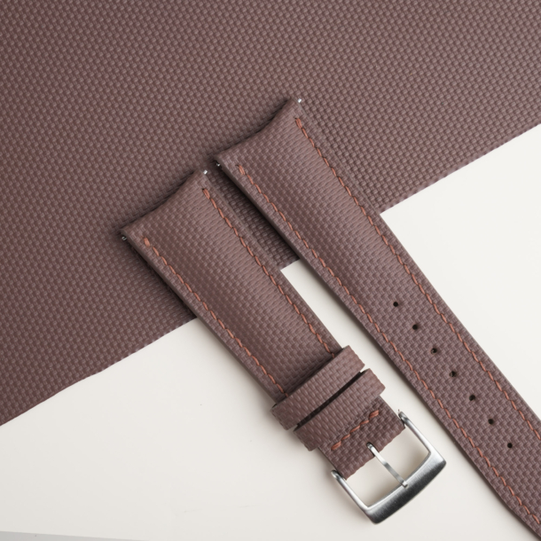 Curved End Dark Brown Sailcloth Rubber Lining Dark Beige Rubber Watch Strap