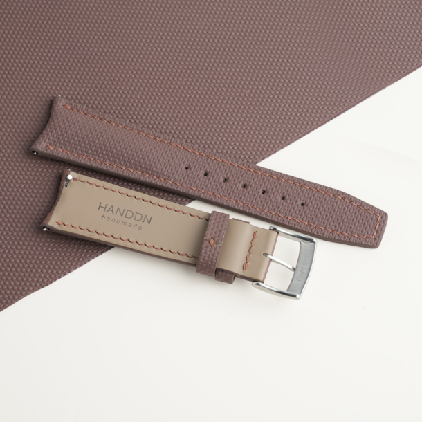 Curved End Dark Brown Sailcloth Rubber Lining Dark Beige Rubber Watch Strap