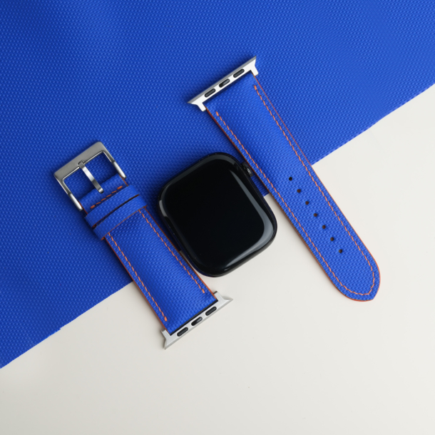 Blue Sailcloth Rubber Lining Orange Epsom Apple Watch Band