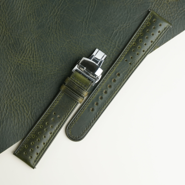 Rally Olive Waxed Lining Dark Brown Epsom Leather Watch Strap