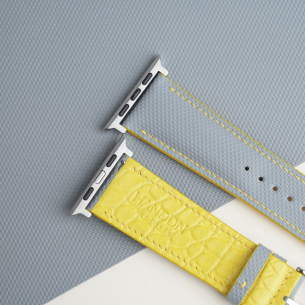 Light Grey Sailcloth Rubber Lining Yellow Alligator Leather Apple Watch Band