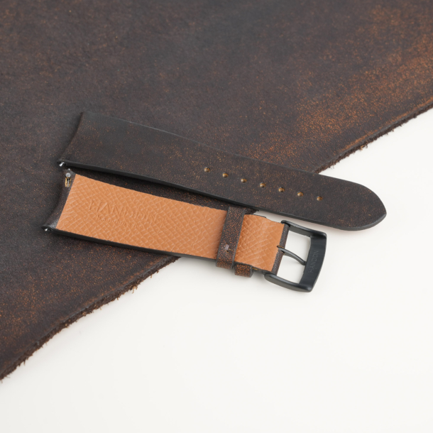 Curved End Tawny Brown Habana Lining Golden Epsom Leather Watch Strap