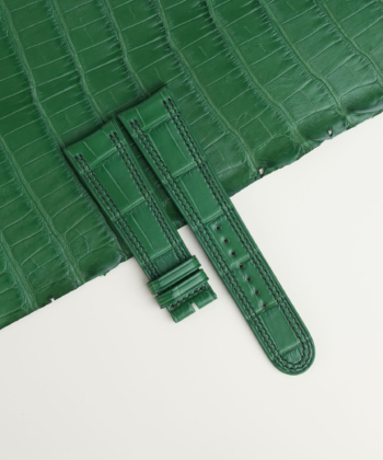 Curved End Double Stitching Light Green Alligator Lining Black Epsom Leather Watch Strap