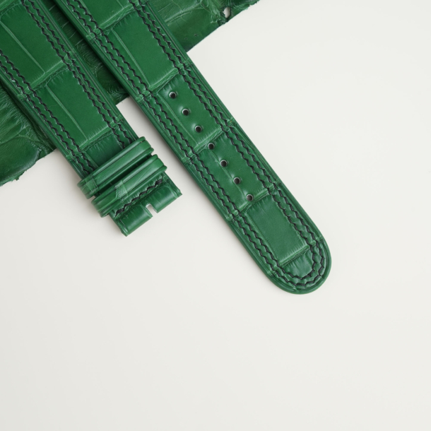 Double Stitching Light Green Alligator Lining Black Epsom Leather Watch Strap