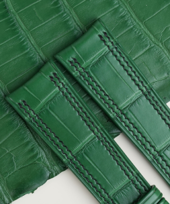 Double Stitching Light Green Alligator Lining Black Epsom Leather Watch Strap
