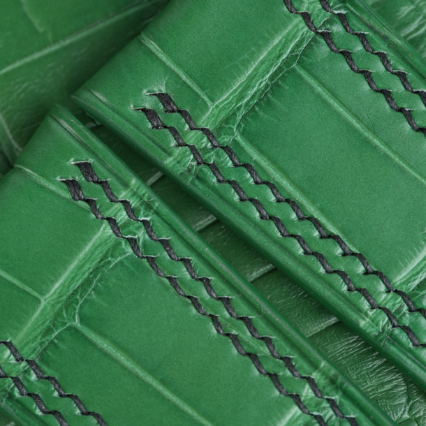 Double Stitching Light Green Alligator Lining Black Epsom Leather Watch Strap