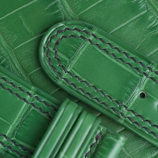 Double Stitching Light Green Alligator Lining Black Epsom Leather Watch Strap