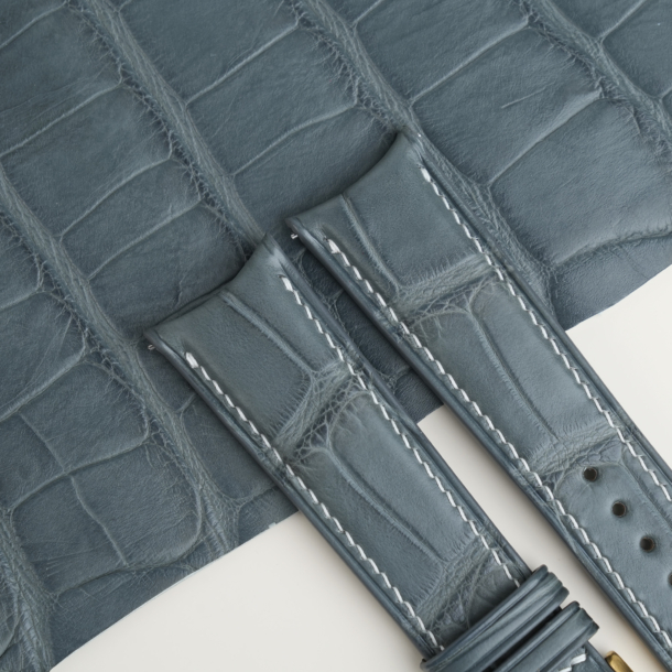 Curved End Stone Grey Alligator Lining Mid Night Blue Alligator Leather Watch Strap