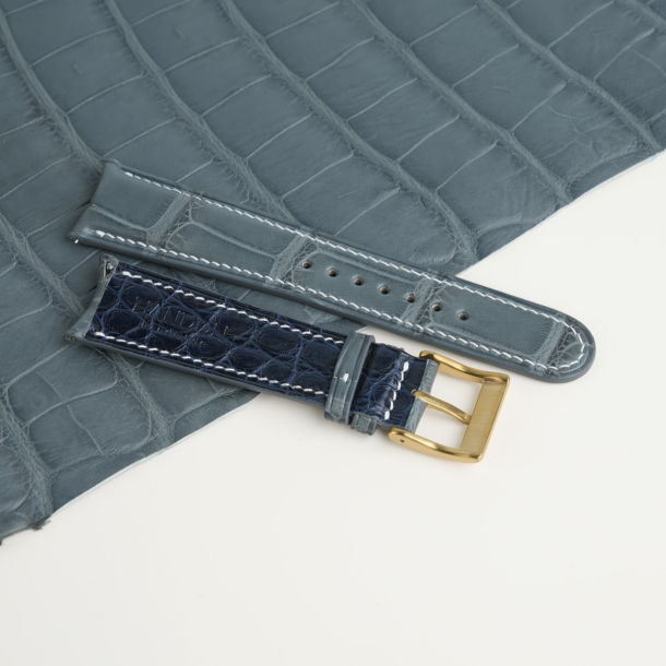 Curved End Stone Grey Alligator Lining Mid Night Blue Alligator Leather Watch Strap