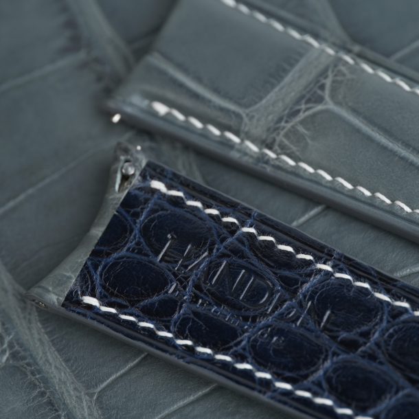 Curved End Stone Grey Alligator Lining Mid Night Blue Alligator Leather Watch Strap