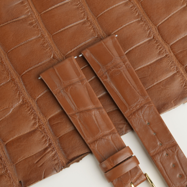 Cognac Alligator Folded Edges Leather Watch Strap