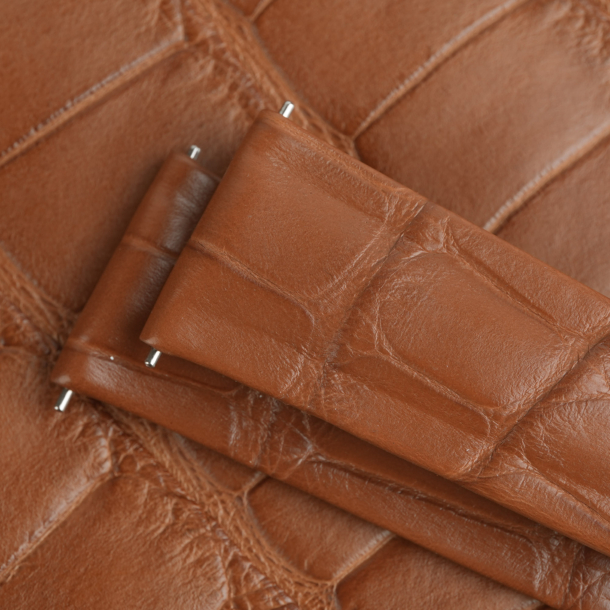 Cognac Alligator Folded Edges Leather Watch Strap