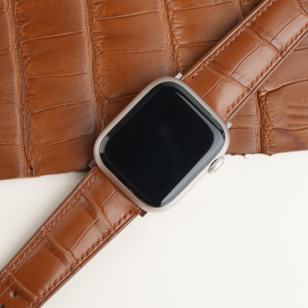 Cognac Alligator Lining Dark Brown Epsom Leather Apple Watch Band