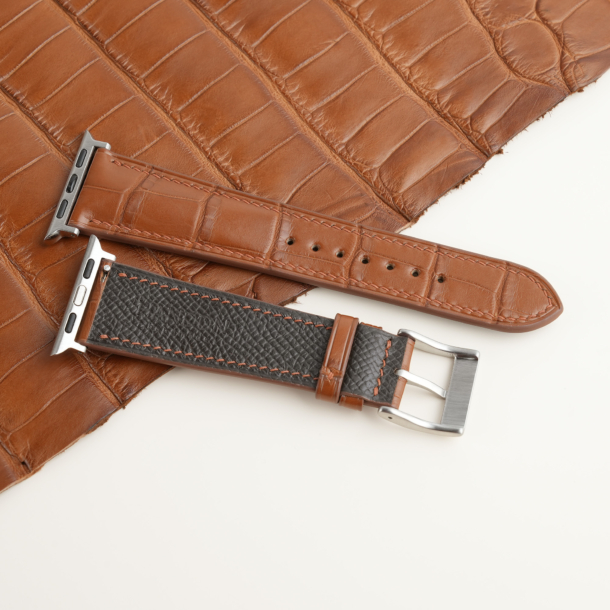 Cognac Alligator Lining Dark Brown Epsom Leather Apple Watch Band